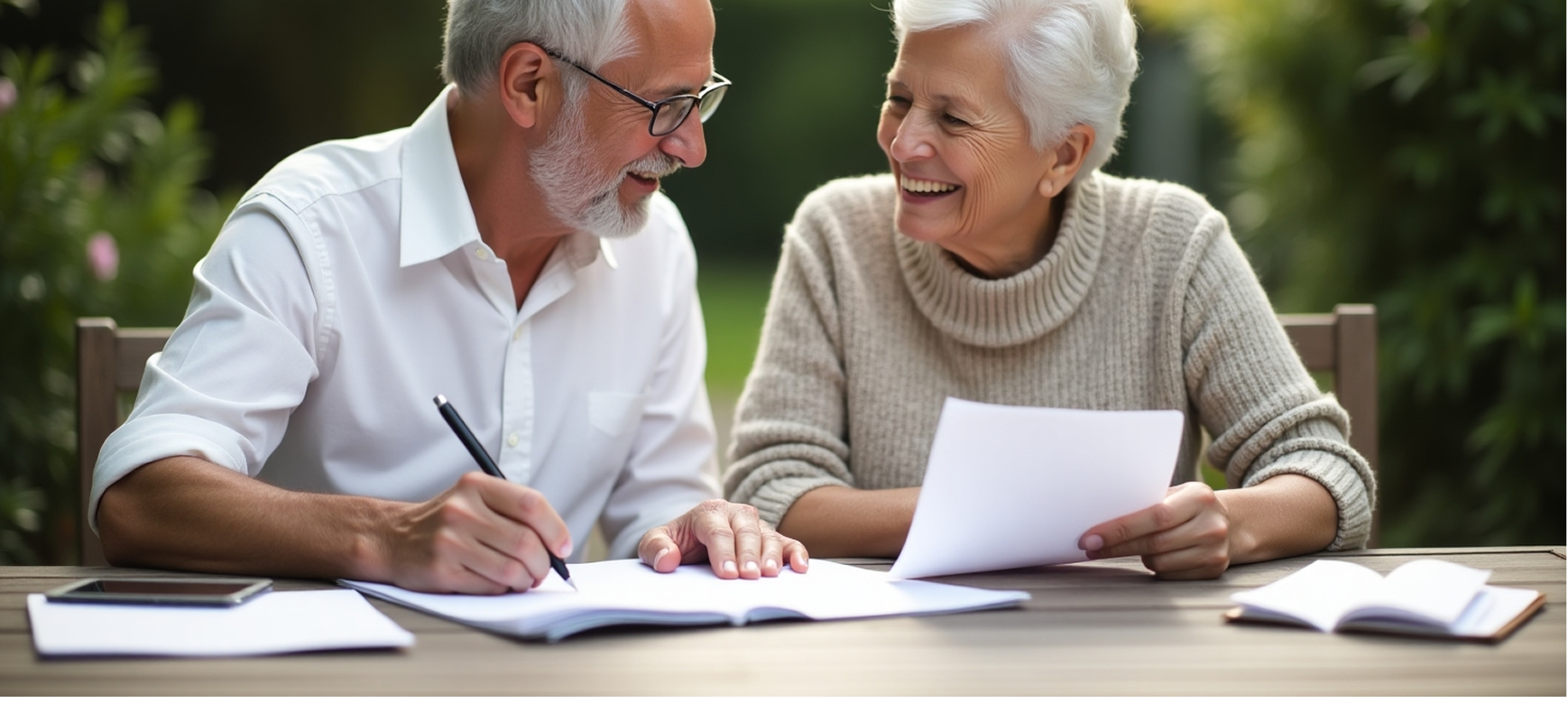 Couple smiling with papers and pen